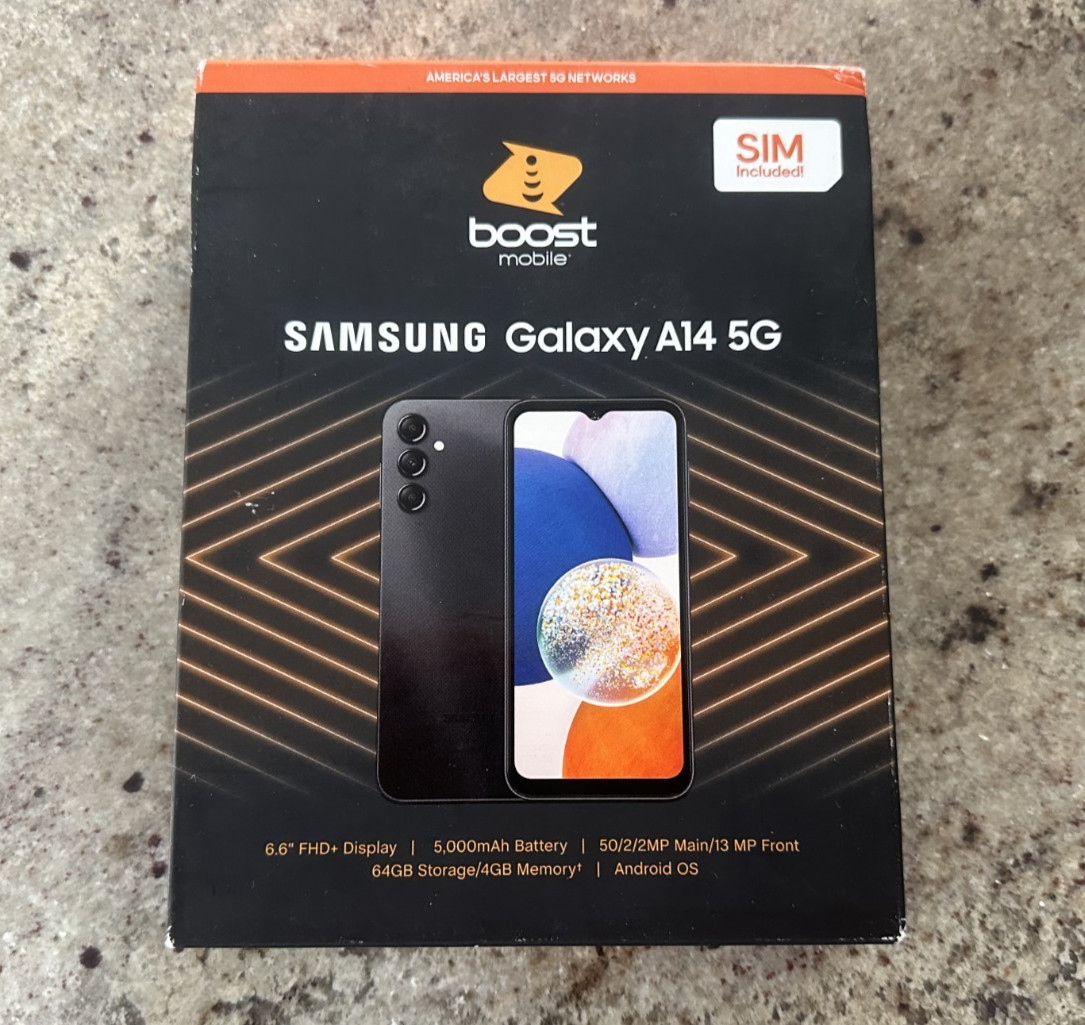Boost Mobile Samsung A14 5G 64GB 6.6″ FHD+ Display Prepaid Smartphone Black New