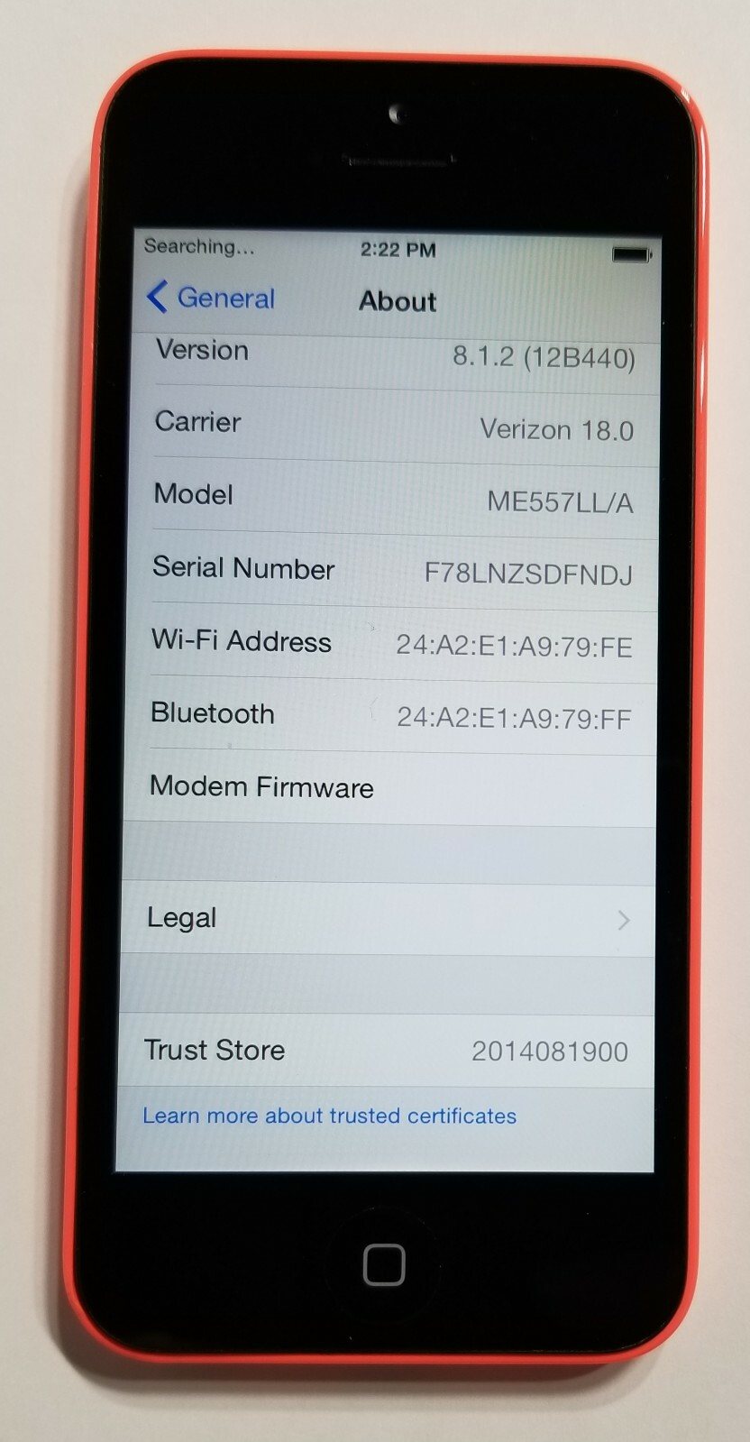 RARE IOS 8.1.2 APPLE IPHONE 5C- ME557LL/A (VERIZON) MUST READ 16GB PINK MINT!!!