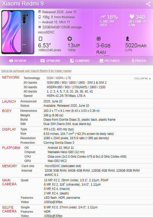 Xiaomi Redmi 9 6.53″ Android 64GB 128GB ROM 13.0MP 4G LTE Phone