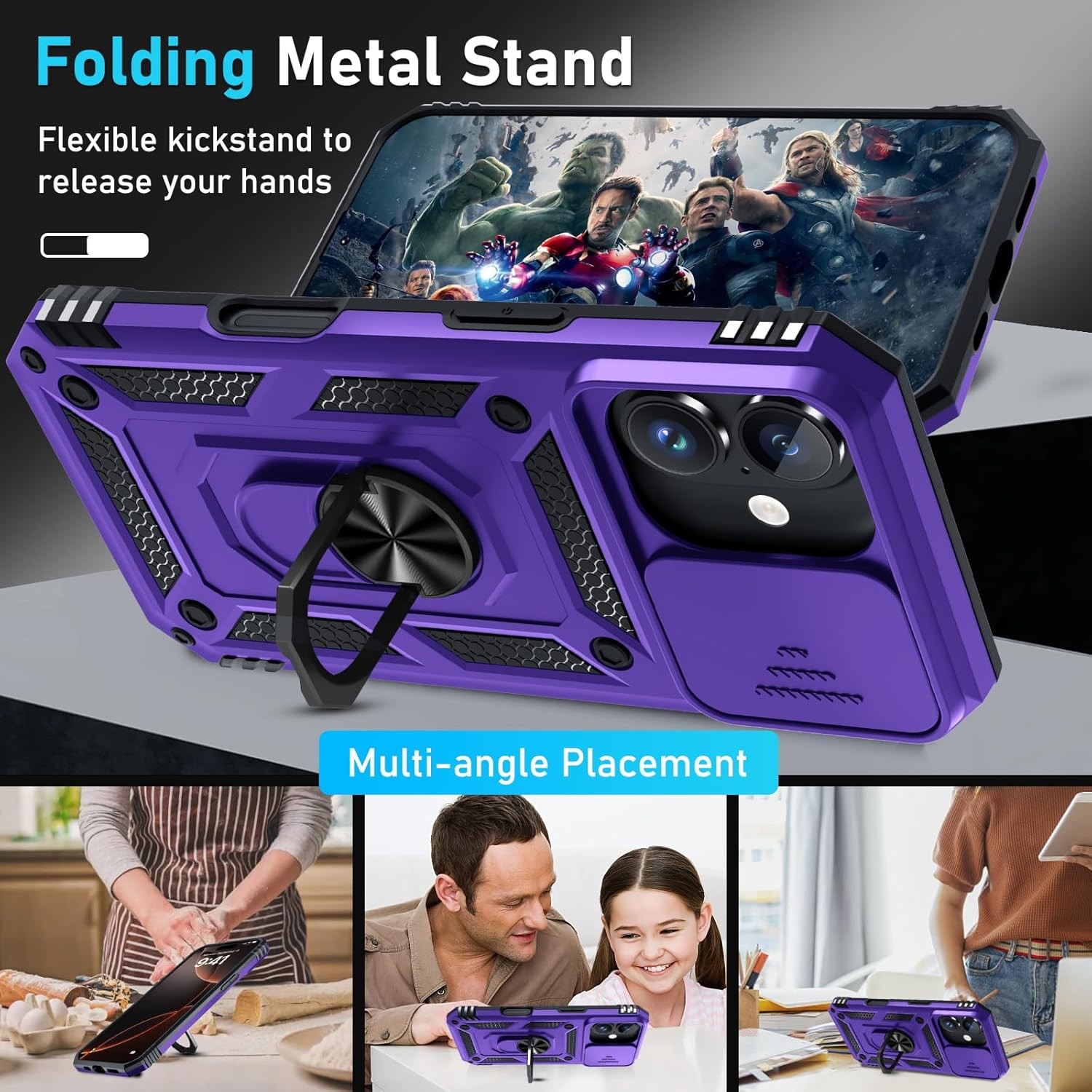 Case for iPhone 16 Cover & Screen Protector Heavy Duty Shockproof Purple 78 Char