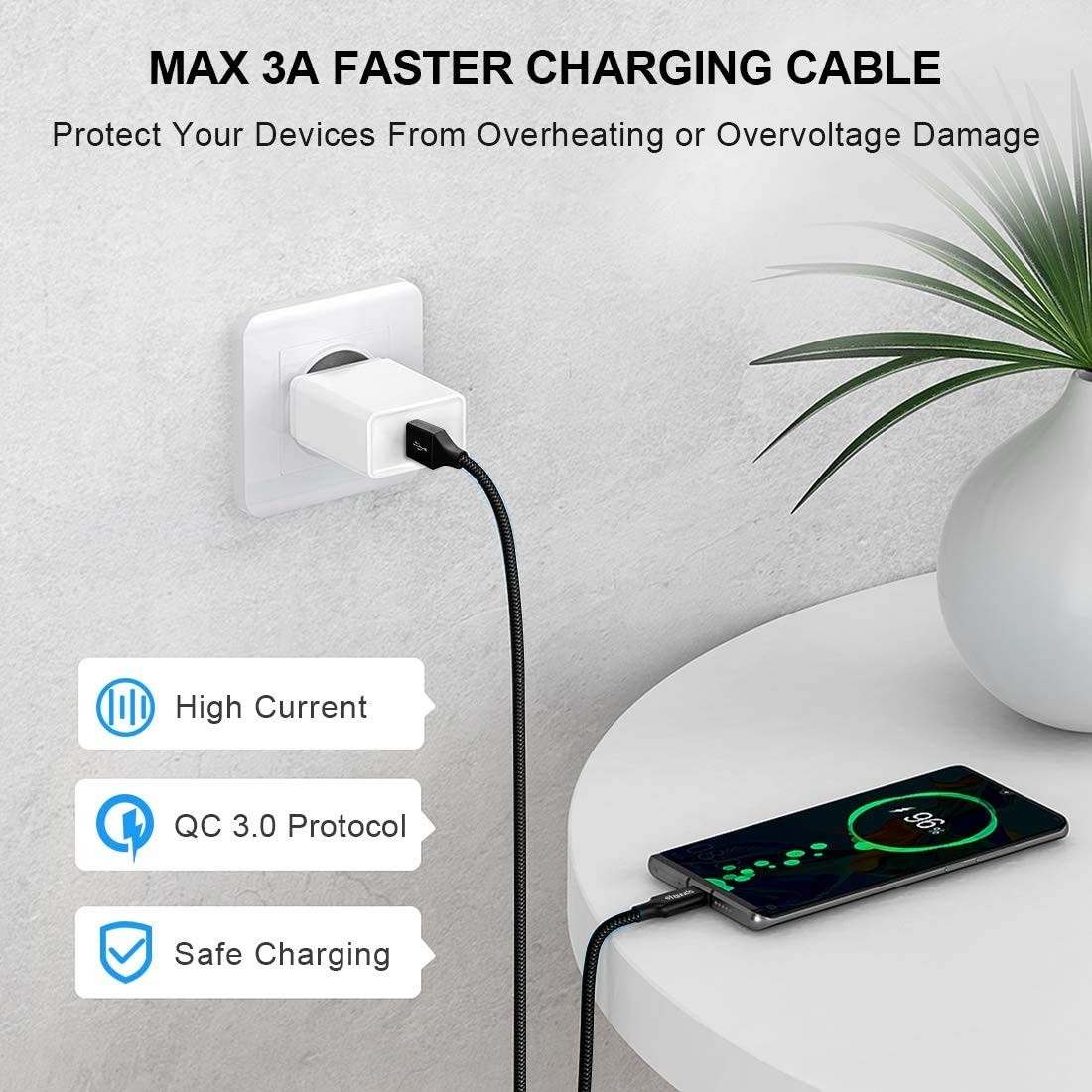 USB A to USB C Cable 5-Pack (3/3/6/6/10 ft) Fast Charging Type C Charger Cord