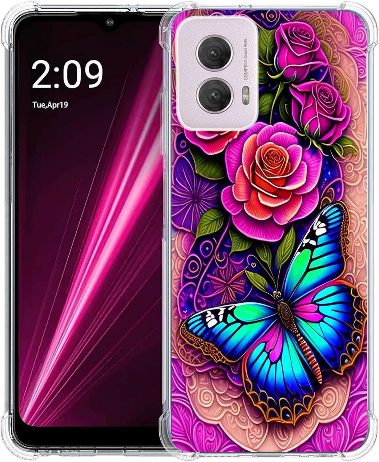 Case for Moto G Power 5G 2024, Blue Butterfly Flowers Rose Shockproof Protective