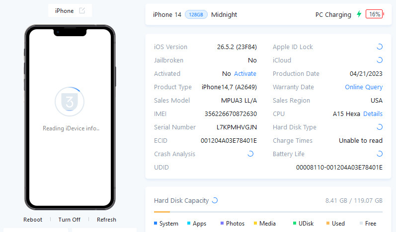 DEFECTIVE TOUCH SCREEN, GSM UNLOCKED MIDNIGHT iPhone 14, 128GB A2649 MPUA3LL/A