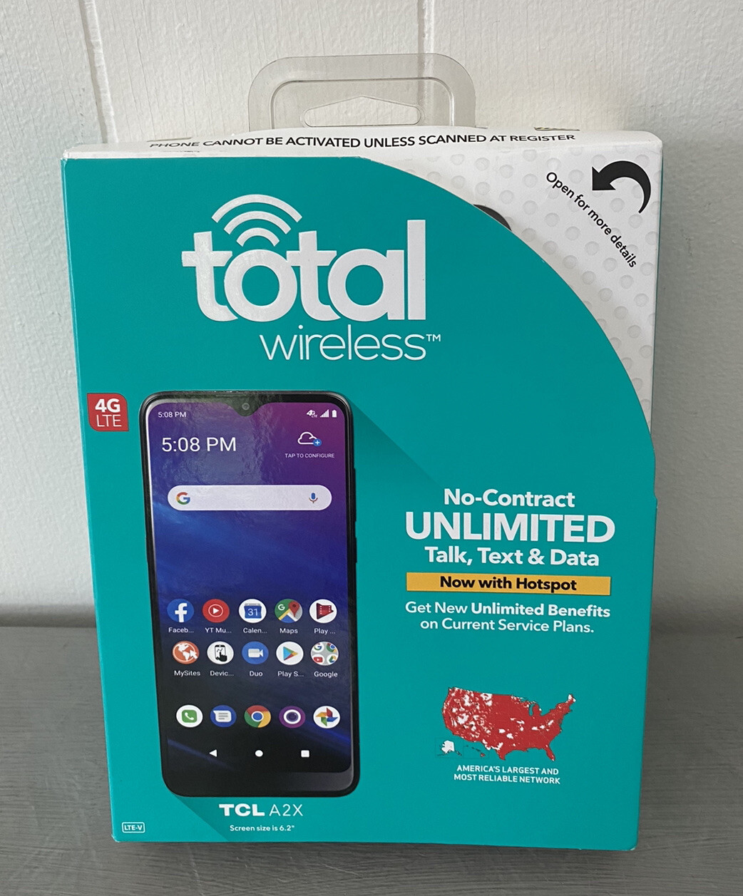 Total Wireless NIB TCL A2X 32GB Black 4G LTE No Contract Hotspot Talk Text Data