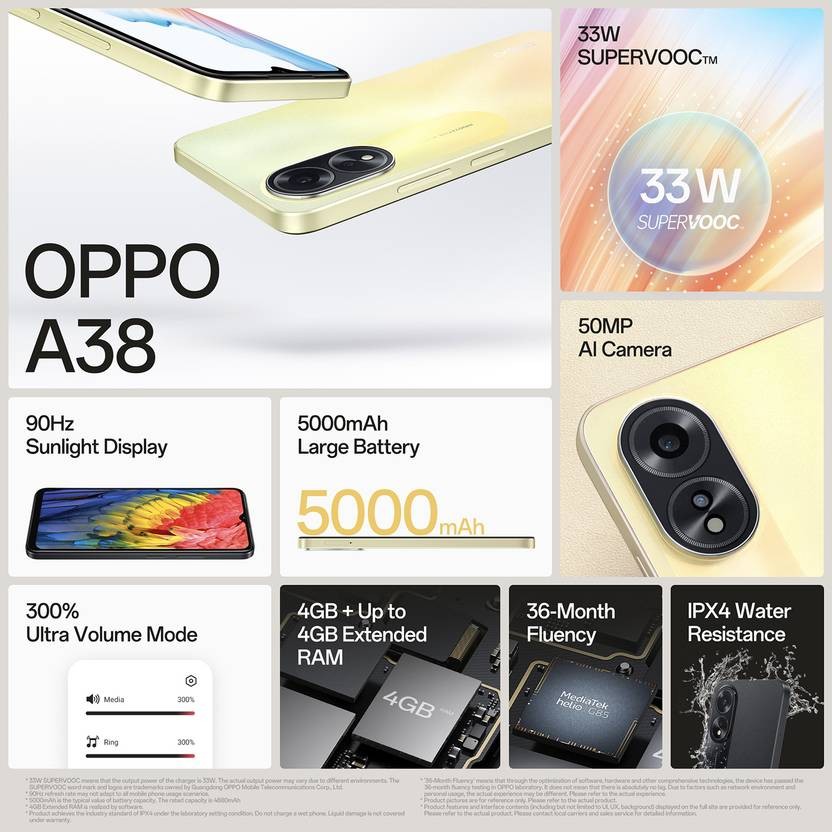 OPPO A38 Glowing Black 128GB ROM 4GB RAM Factory Unlocked-NO TARIFF TO USA