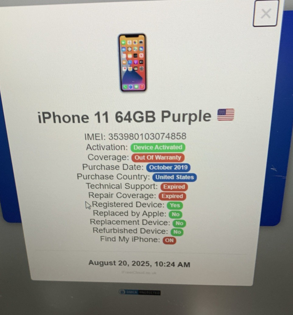 Apple iPhone 11 | 64GB | MWHX2LL/A | A2111 | 4GB RAM | Purple | ICL | Tested