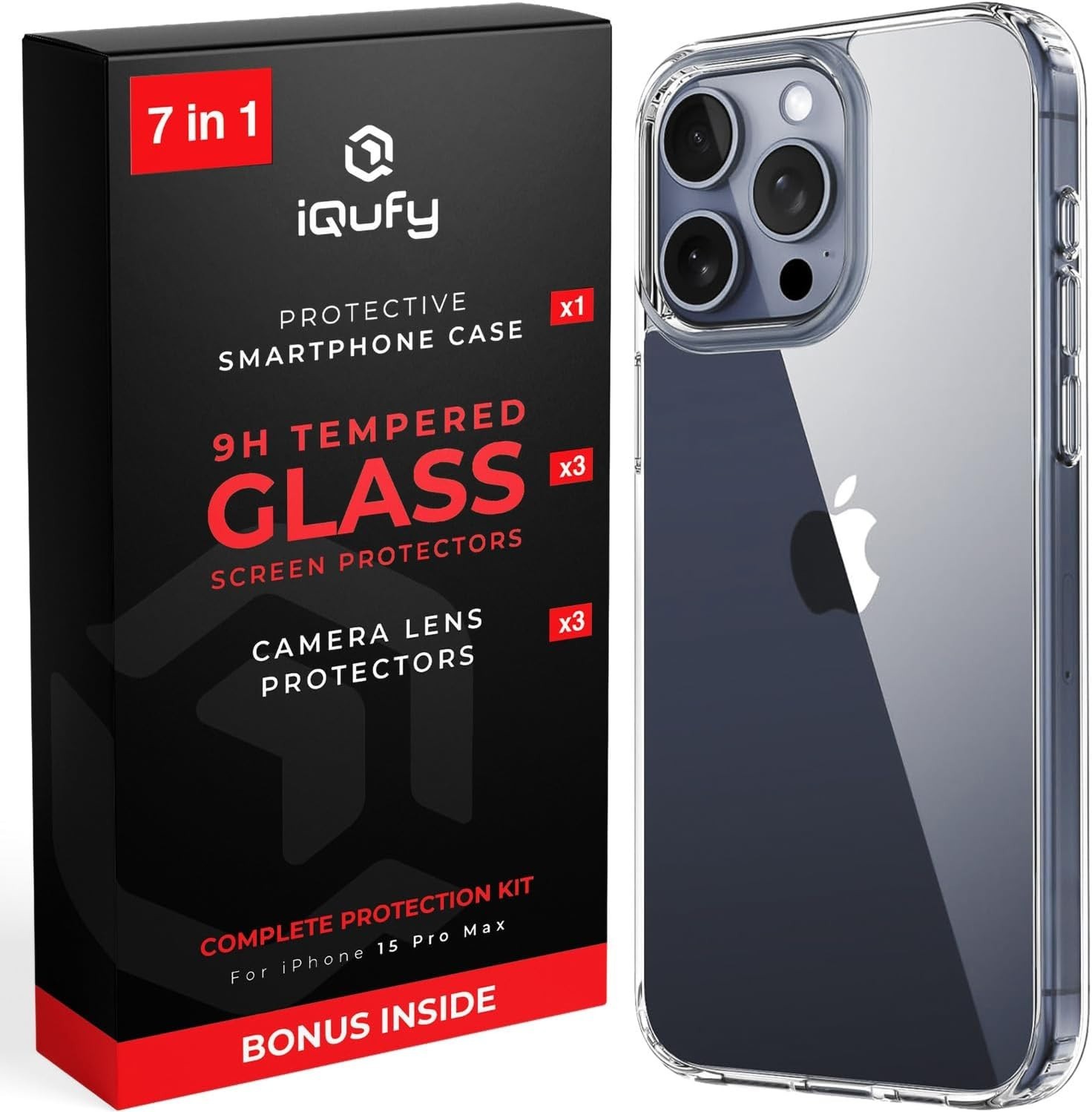 iPhone 15 Pro Max Case, 3X Screen Protector, 3X Camera Lens Protector, Clear