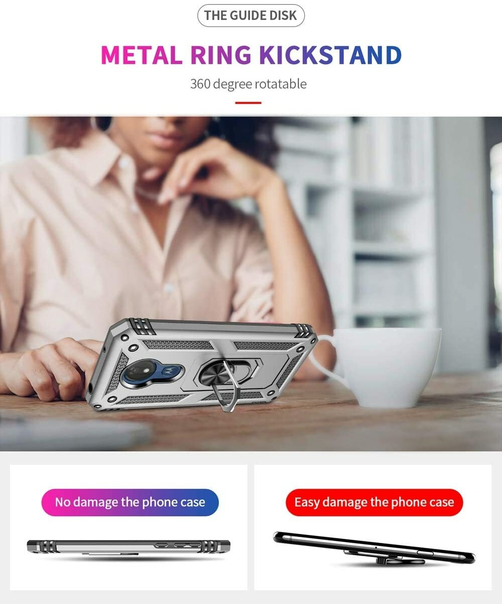 For Motorola Moto G7 Power Case 360 Metal Rotating Ring Kickstand Cover Silver