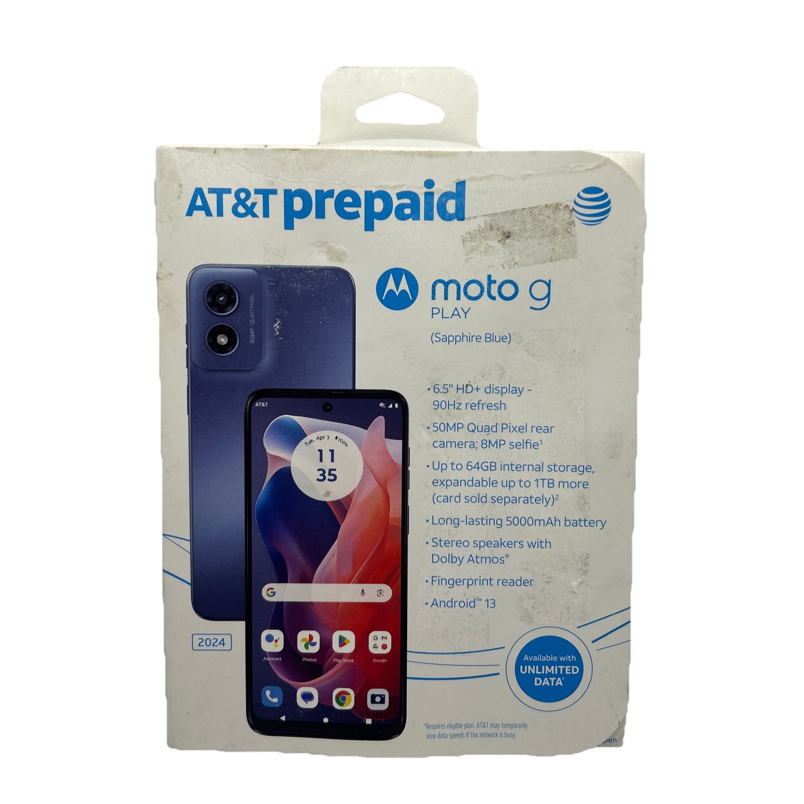 New & Sealed – Motorola Moto G Play (2024) Blue At&t Prepaid Smartphone 64GB