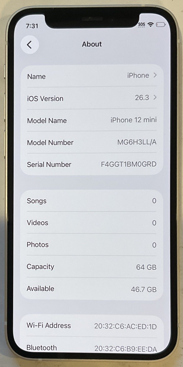 TESTED USED WHITE GSM UNLOCKED iPhone 12 MINI, 64GB A2176 MG6H3LL/A, 87% BATTERY