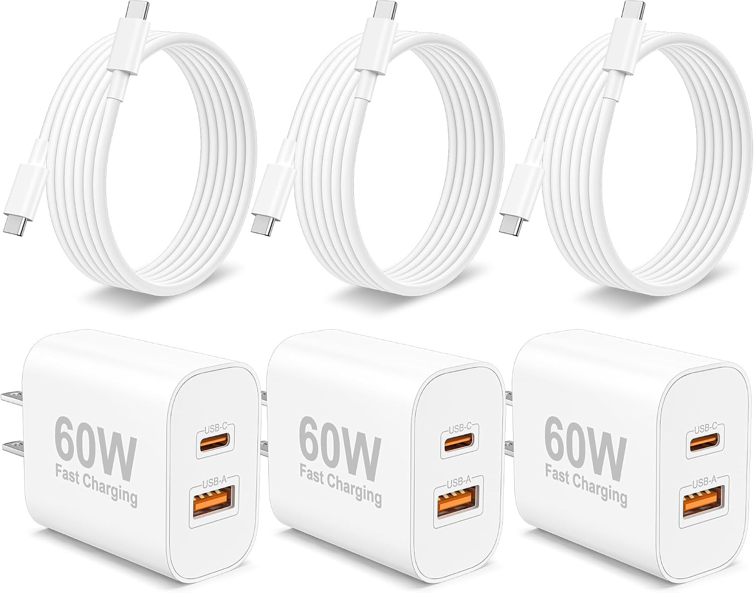 3-Pack 60W Dual USB-C Wall Charger with 6FT Cable for iPhone 17/17 Pro Max