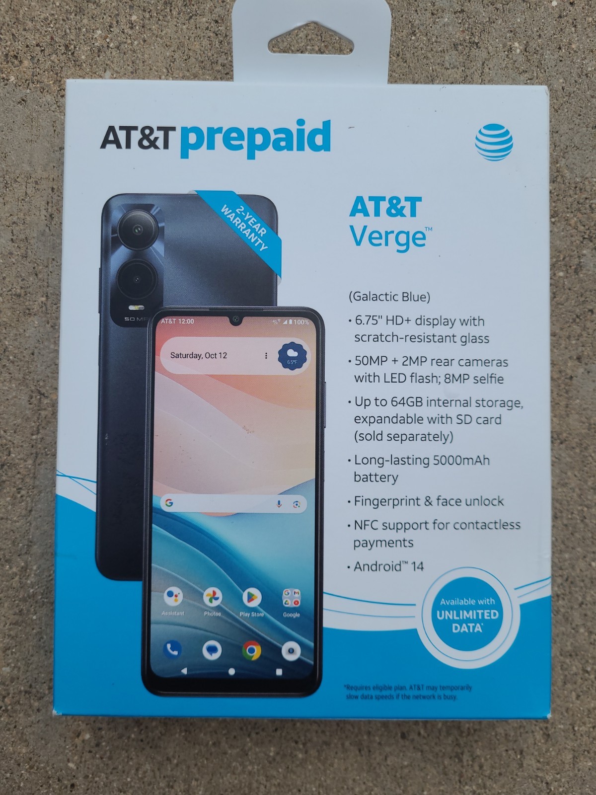 AT&T Verge 64GB Locked Smartphone, Galactic Blue, 6.75″ Display, Android 14