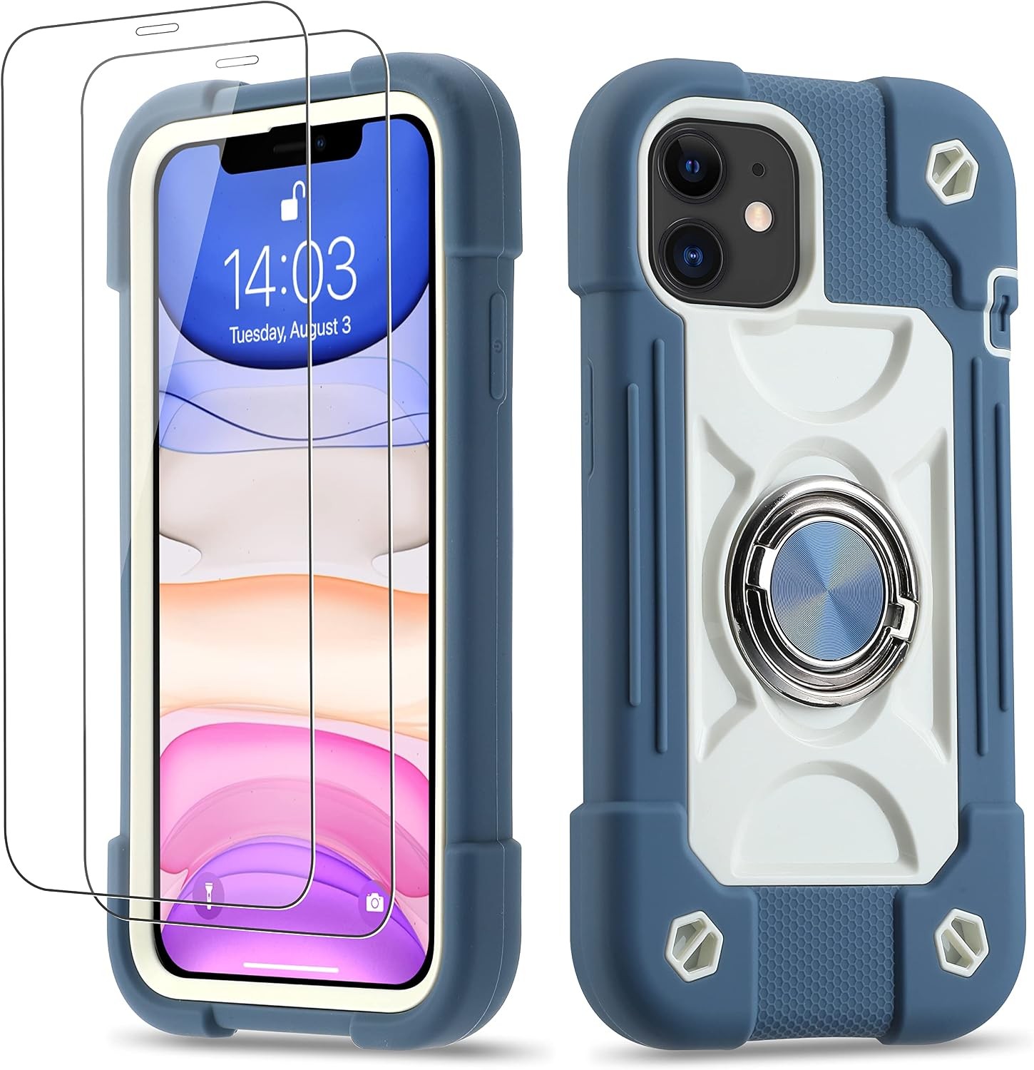 Heavy-Duty iPhone 11 Case 6.1″ with Ring Stand, 2 Glass Screen Protectors, Blue