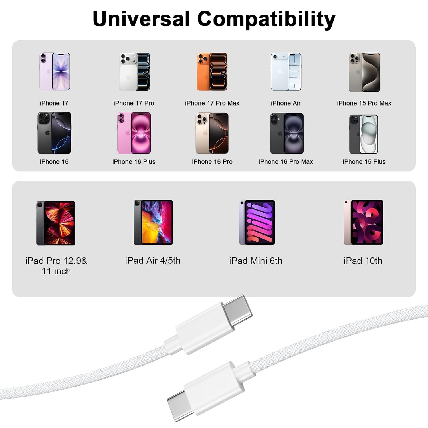 2 Pack 60W USB-C Fast Charger Adapter for iPhone 17/16 6FT