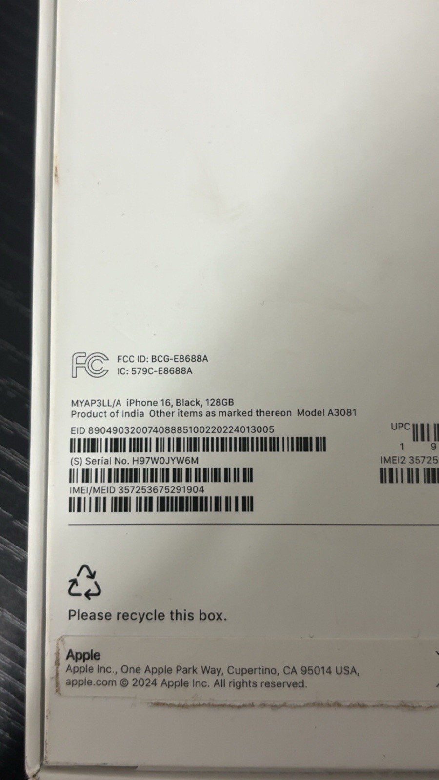 Apple iPhone 16 A3081 128GB Black 48MP A18 Face ID Wi‑Fi Bluetooth