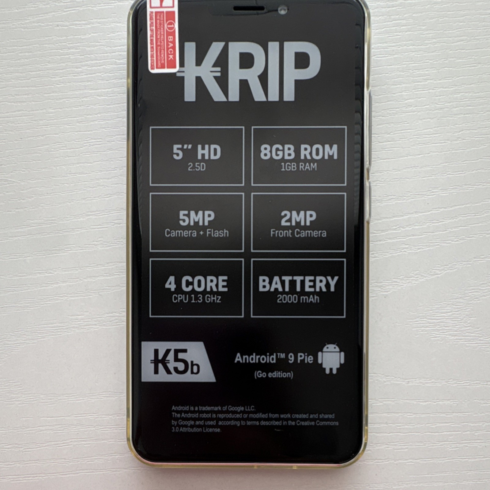 KRIP K5b Gray 5in Bar Smartphone Android 9 Pie Go Quad Core 1GB RAM 8GB