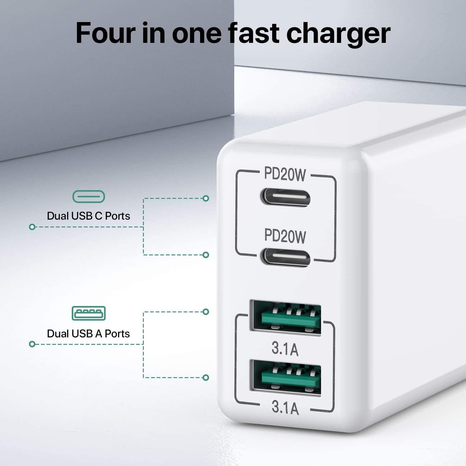 USB C Wall Charger, 40W 4-Port Fast Charging Block Dual Port PD+QC Wall Plug