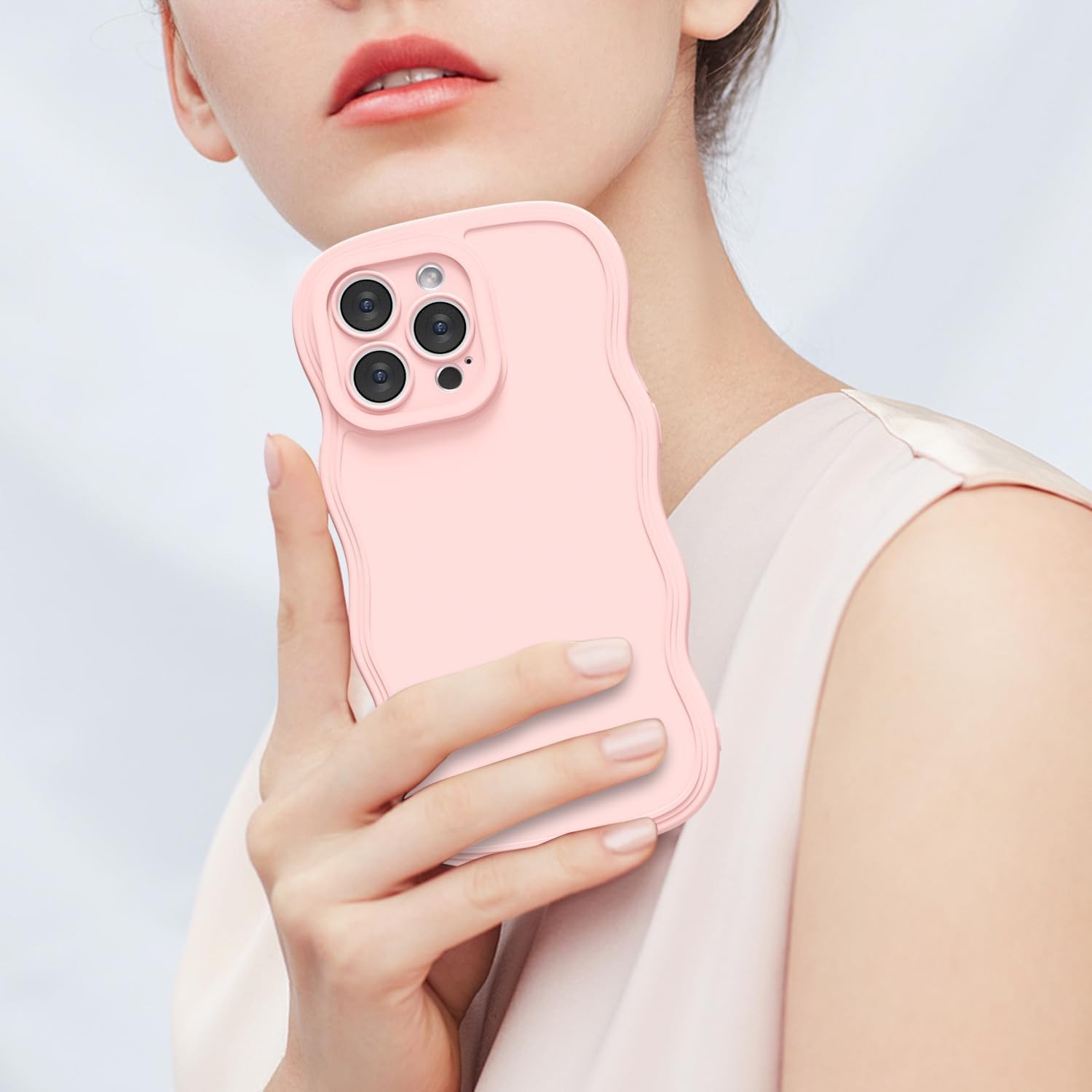 Silicone Case & Camera Cover for iPhone 13 Pro Max Light Pink Cute Curly Wave De