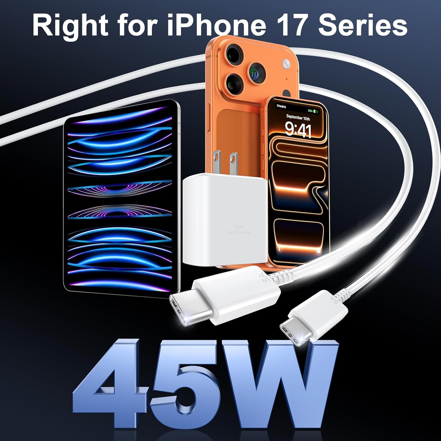 45W USB-C Fast Charger Block for iPhone 17/16 10ft Cable