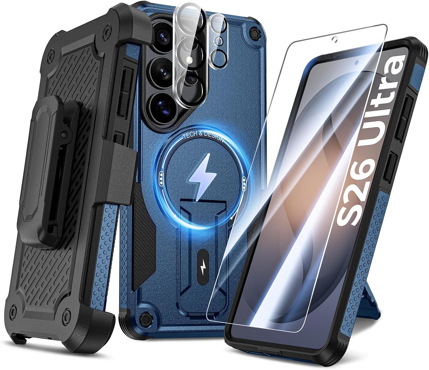 4-in-1 Samsung Galaxy S26 Ultra Case with Belt Clip, Glass Screen Protector & Ki