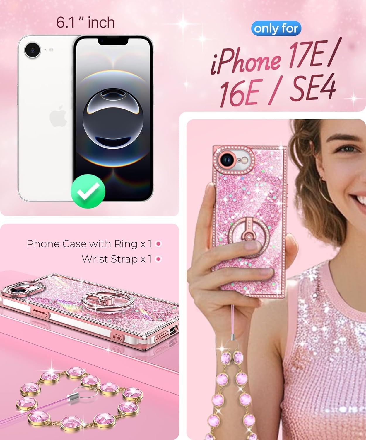 iPhone 17e/16e Case with Ring Stand, Glitter Sparkle Phone Case for Women Girls