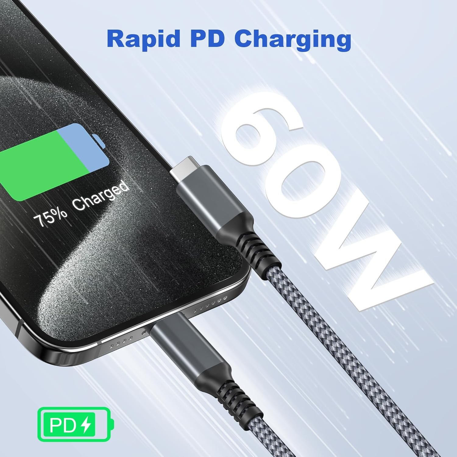 60W USB-C Fast Charger Adapter for iPhone 15 Plus, iPad 10, 10FT Cable