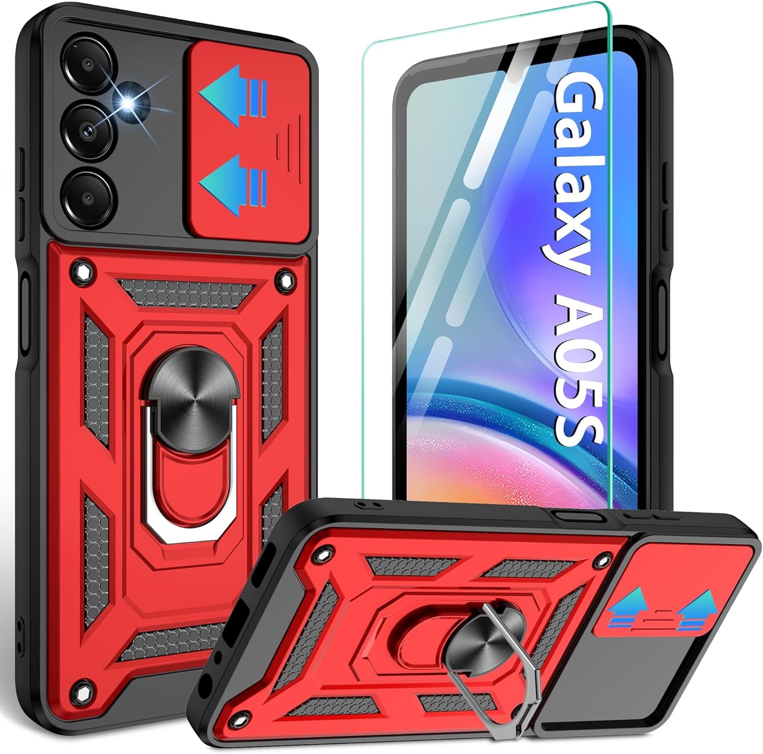 Samsung Galaxy A05s-4G Case with Screen Protector, Slide Camera Cover, Red