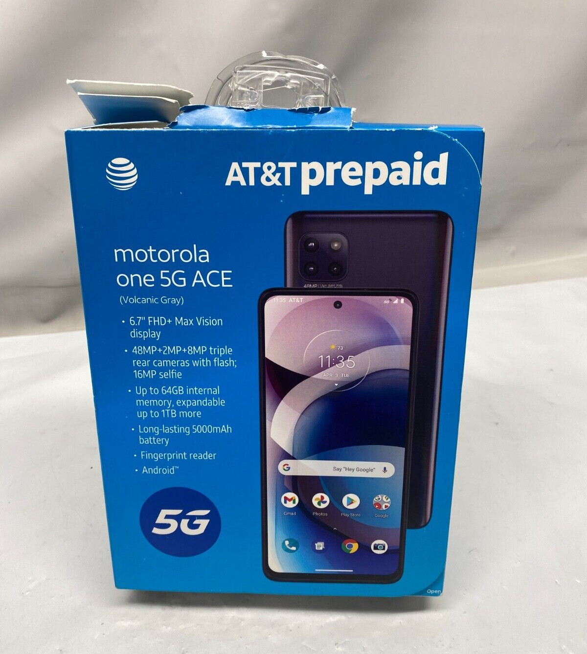 AT&T Prepaid Smartphone, Motorola One 5G Ace, 64GB, Volcanic Grey – Torn Package