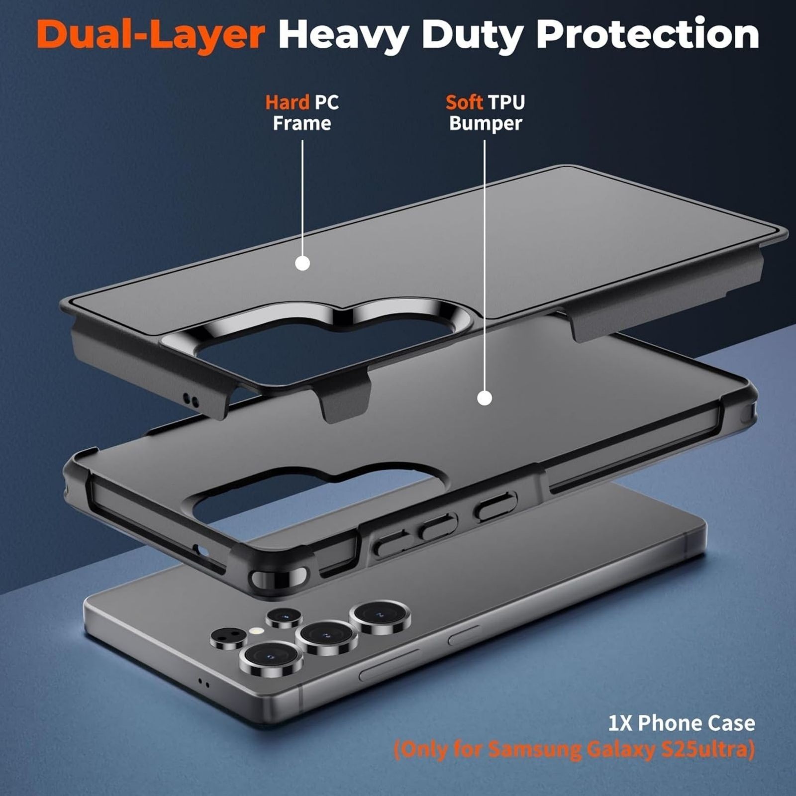 Samsung Galaxy S25 Ultra Case, Heavy Duty Shockproof Non-Slip Phone Cover, Black