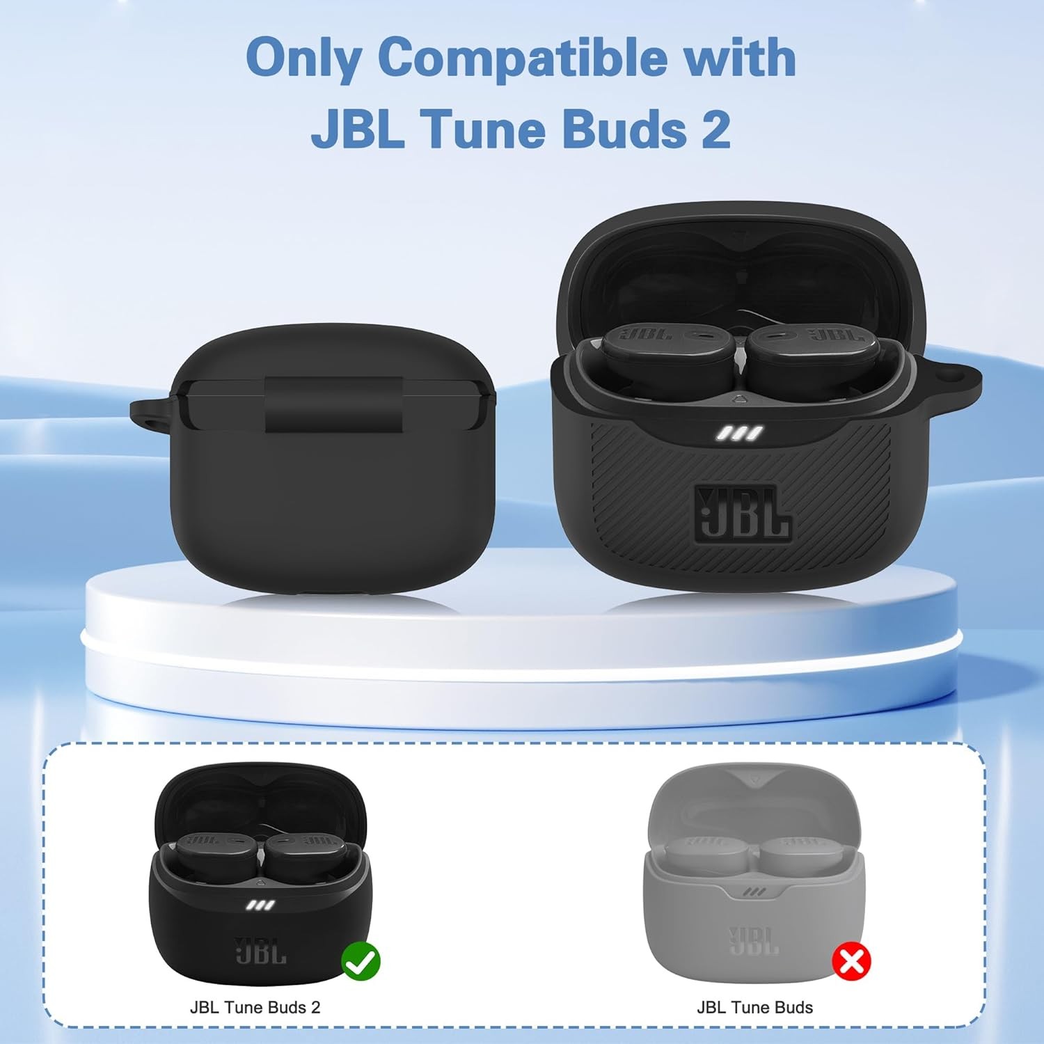 Silicone Earbud Case Cover for JBL Tune Buds 2, Soft Material with Carabiner Cli