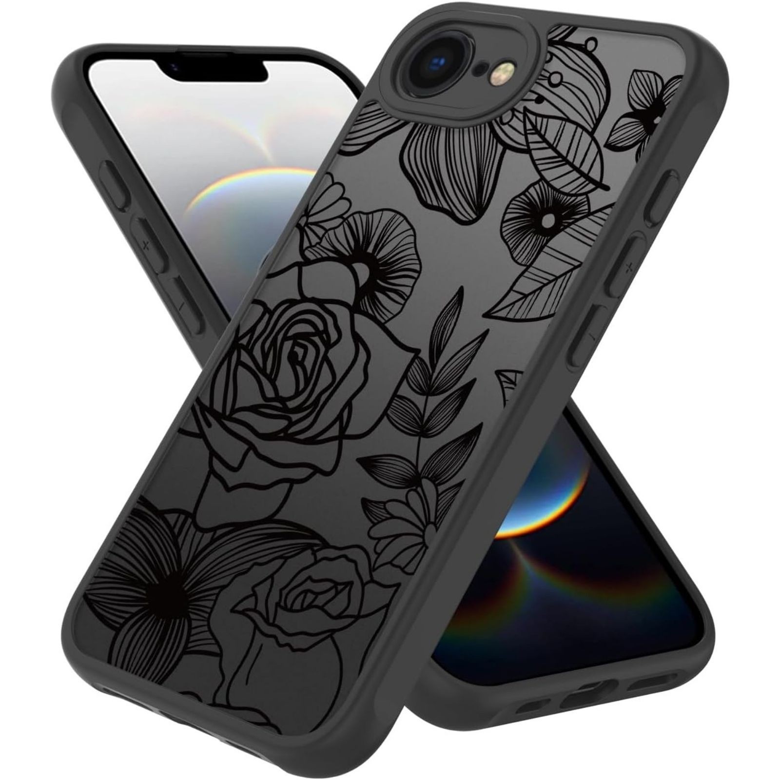 Cute Flower Phone Case for iPhone 16e, Black Line Art Floral Shockproof Cover