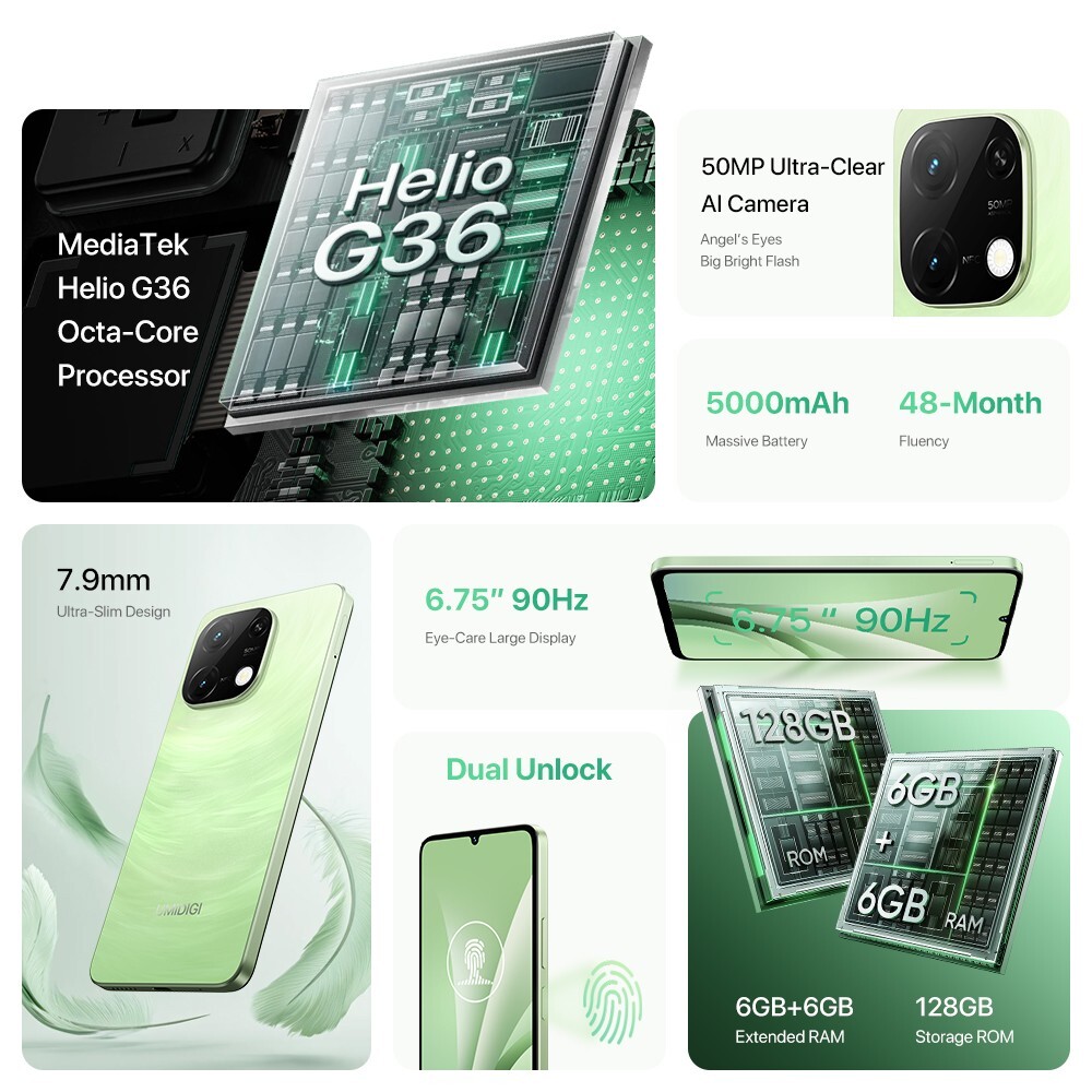 UMIDIGI G9C 6GB+128GB 6.75” Dual SIM 50MP NFC Android Unlocked Smartphone