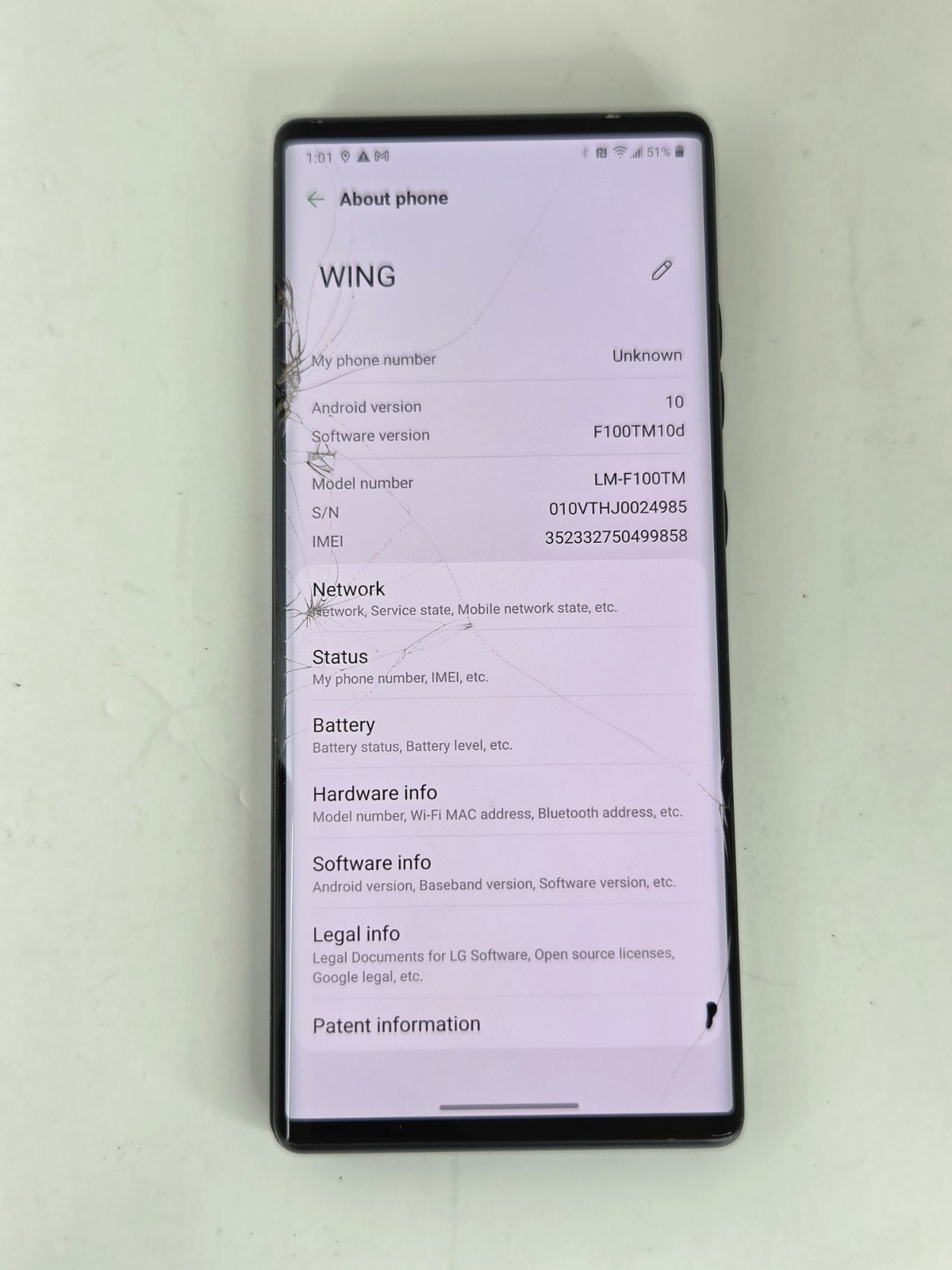 LG Wing LM-F100TM FOR PARTS ONLY (Cracked/Damaged Screen) LOCKED