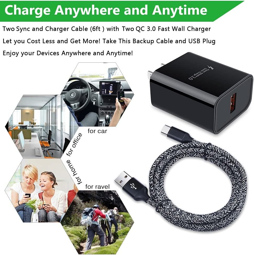 18W Type-C Fast Charger Adapter for Moto G Pure/G Stylus 5G + 2PC 6ft Cable