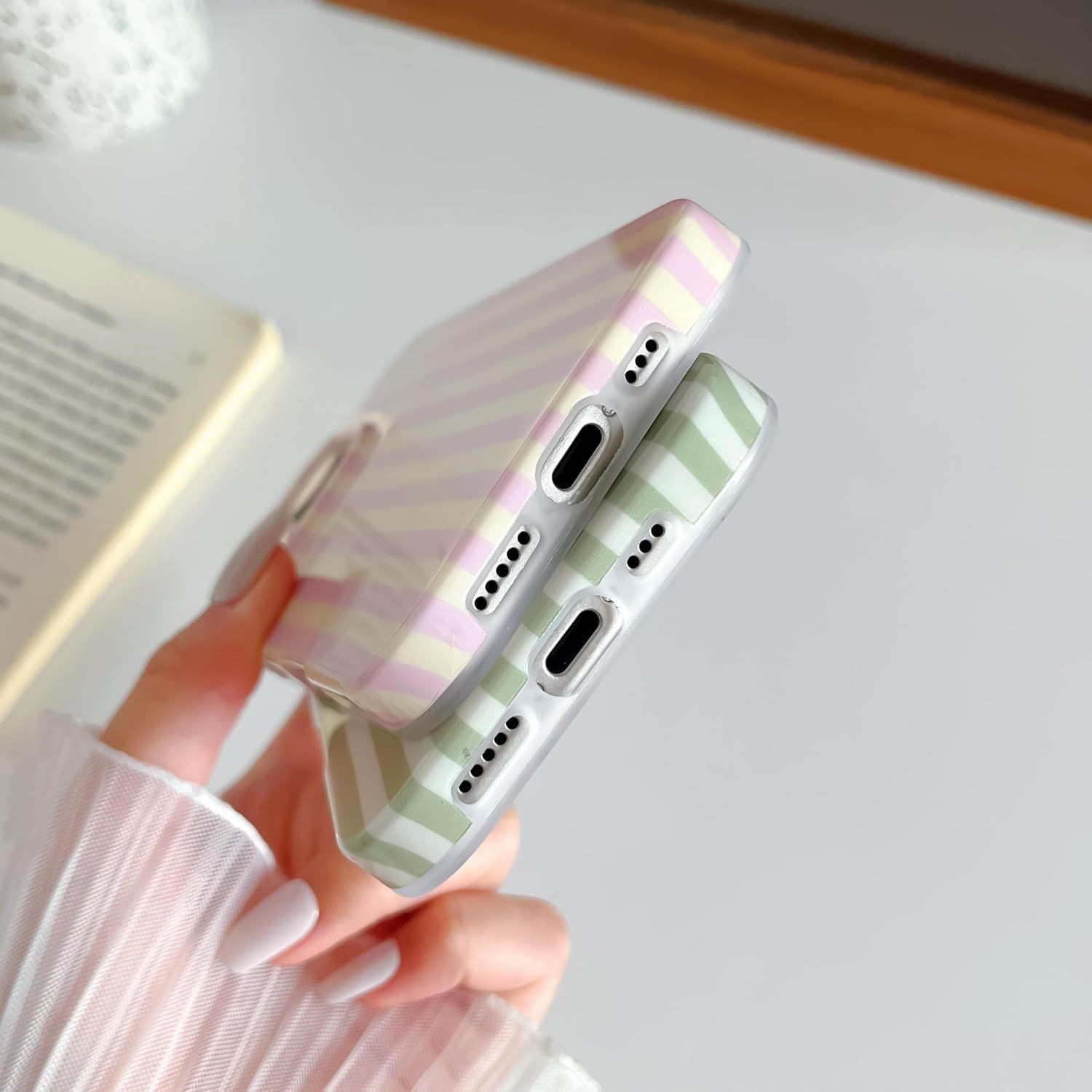 Cute Striped Soft TPU Slim Shockproof Phone Cover for iPhone 16 Pro, Pink & Yell