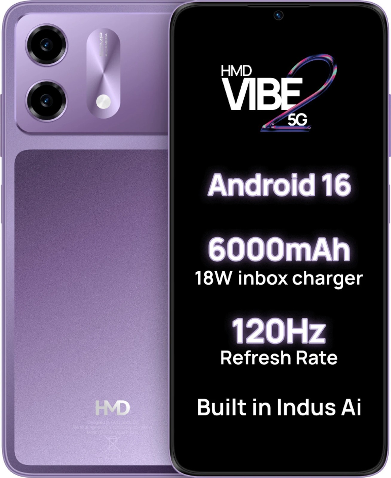 HMD VIBE2 5G (Lavender, 4 GB+128GB ) Unlocked Dual SIM Smartphone 6.7″ HD+ 120Hz