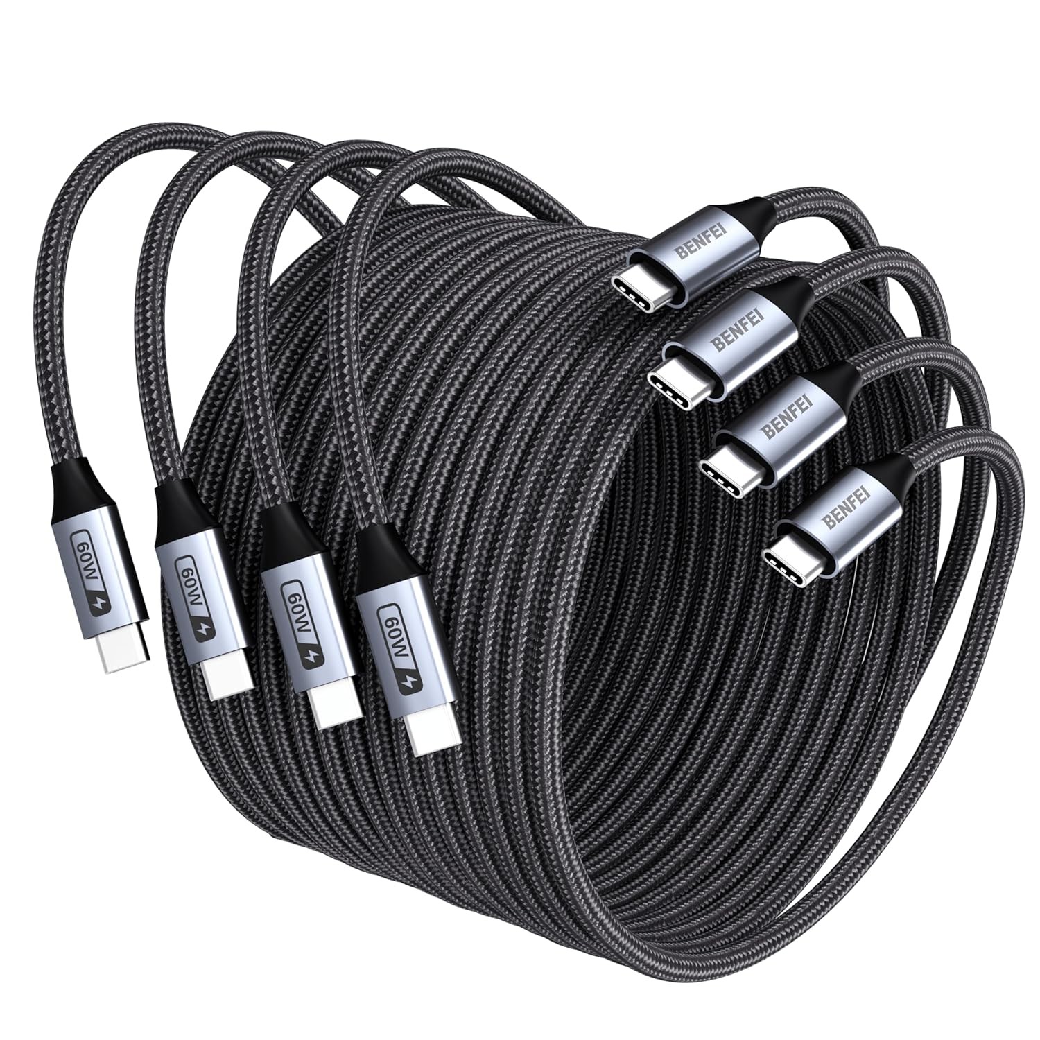 Nylon Braided 4-Pack USB C to USB C 60W Fast Charging Cable, 3.3ft & 6.6ft