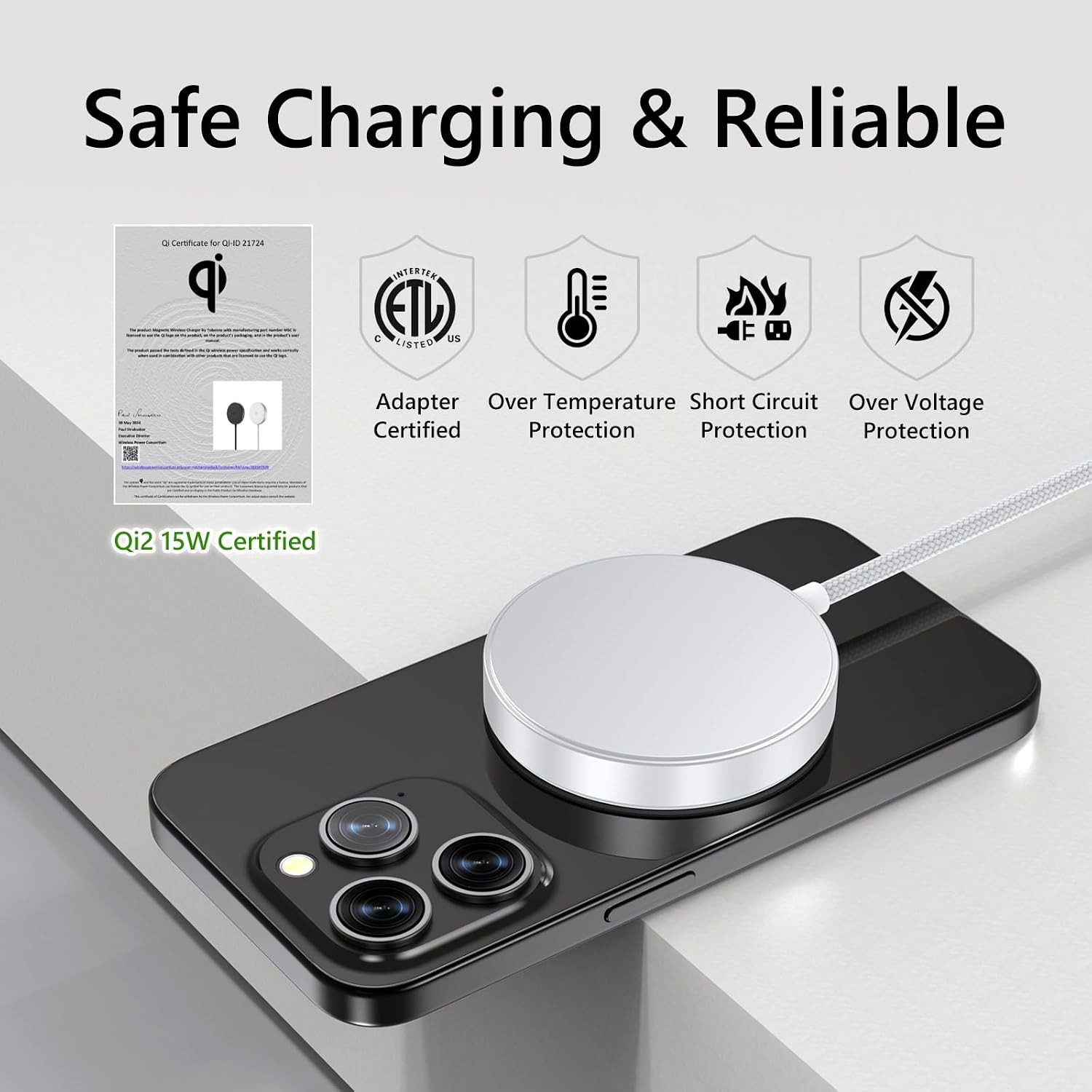 15W Wireless Fast Charging Pad for iPhone 16/15/14 Series 1.5m Cable