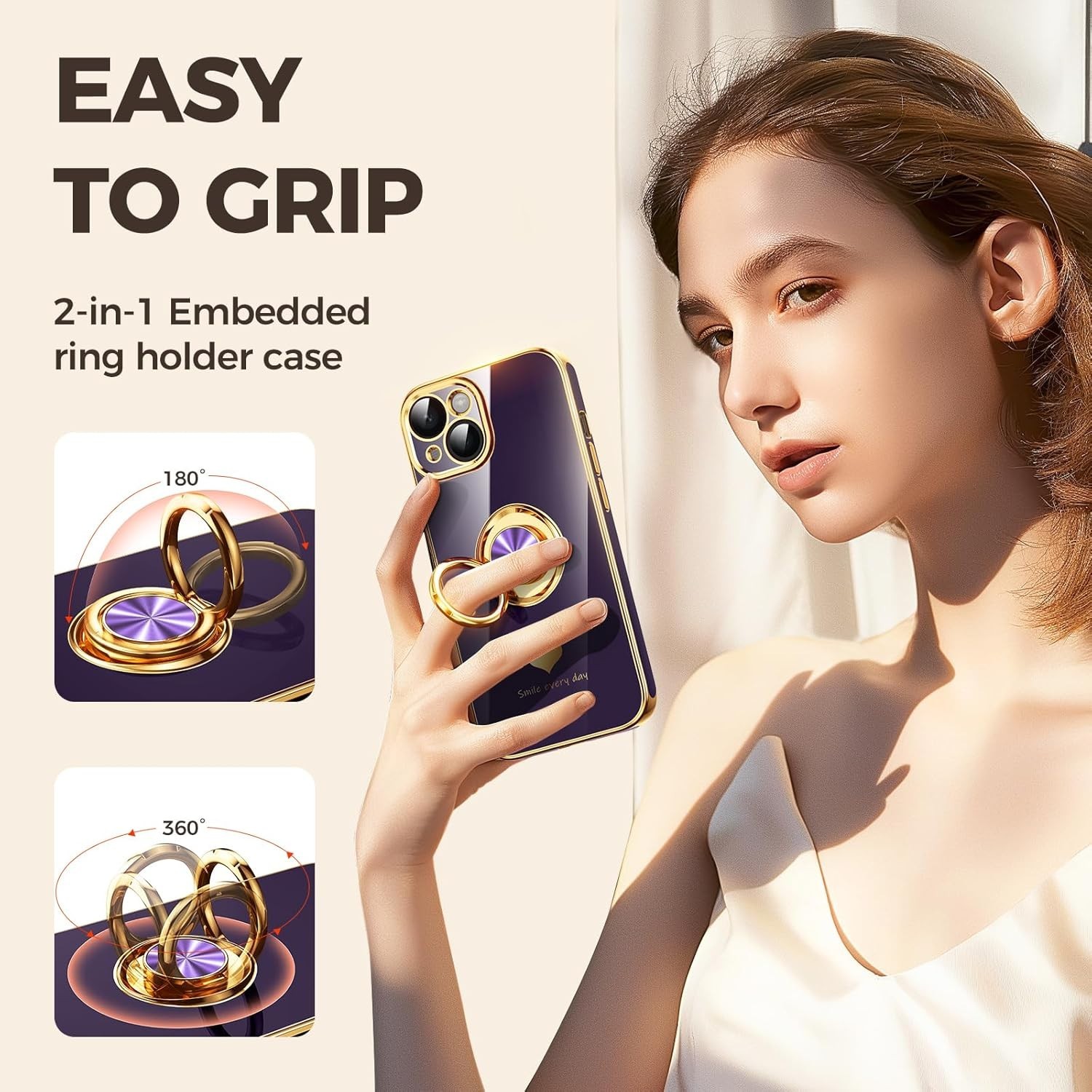 iPhone 13 Case with 2 Pack Screen Protector, 360° Rotatable Ring Holder – Purple