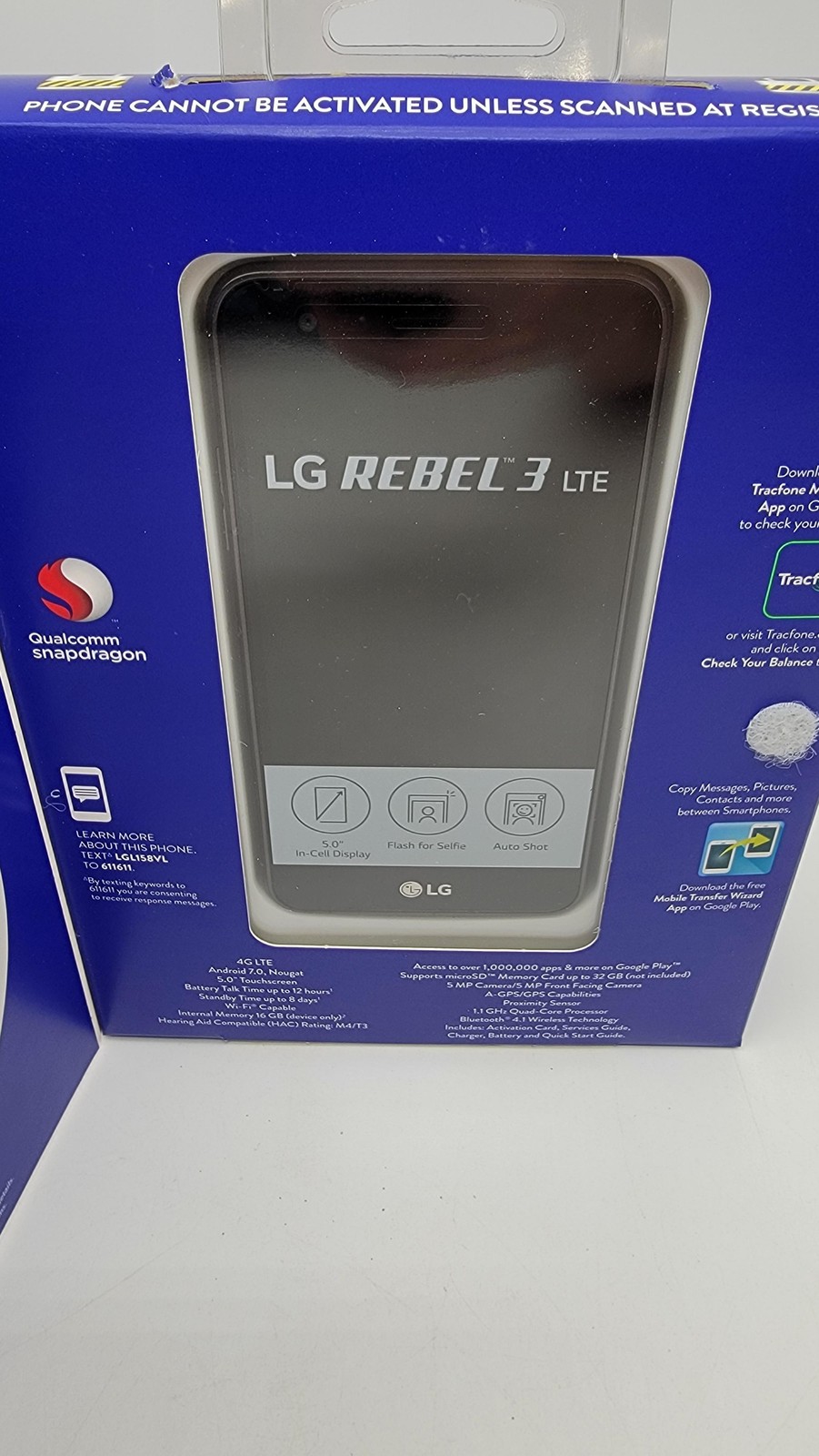 LG Rebel 3 LTE 16GB Black TracFone Android Smartphone 4G LTE Prepaid Boxed