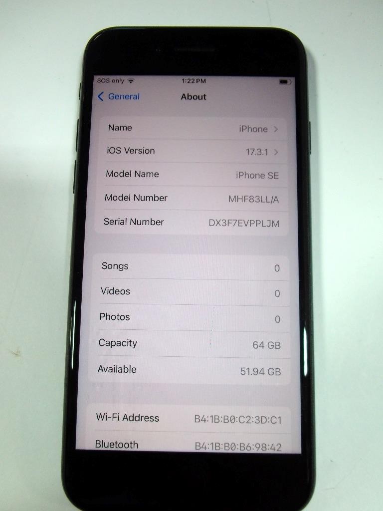 Apple iPhone SE A2275 64GB (Unknown) Black Touchscreen Smartphone