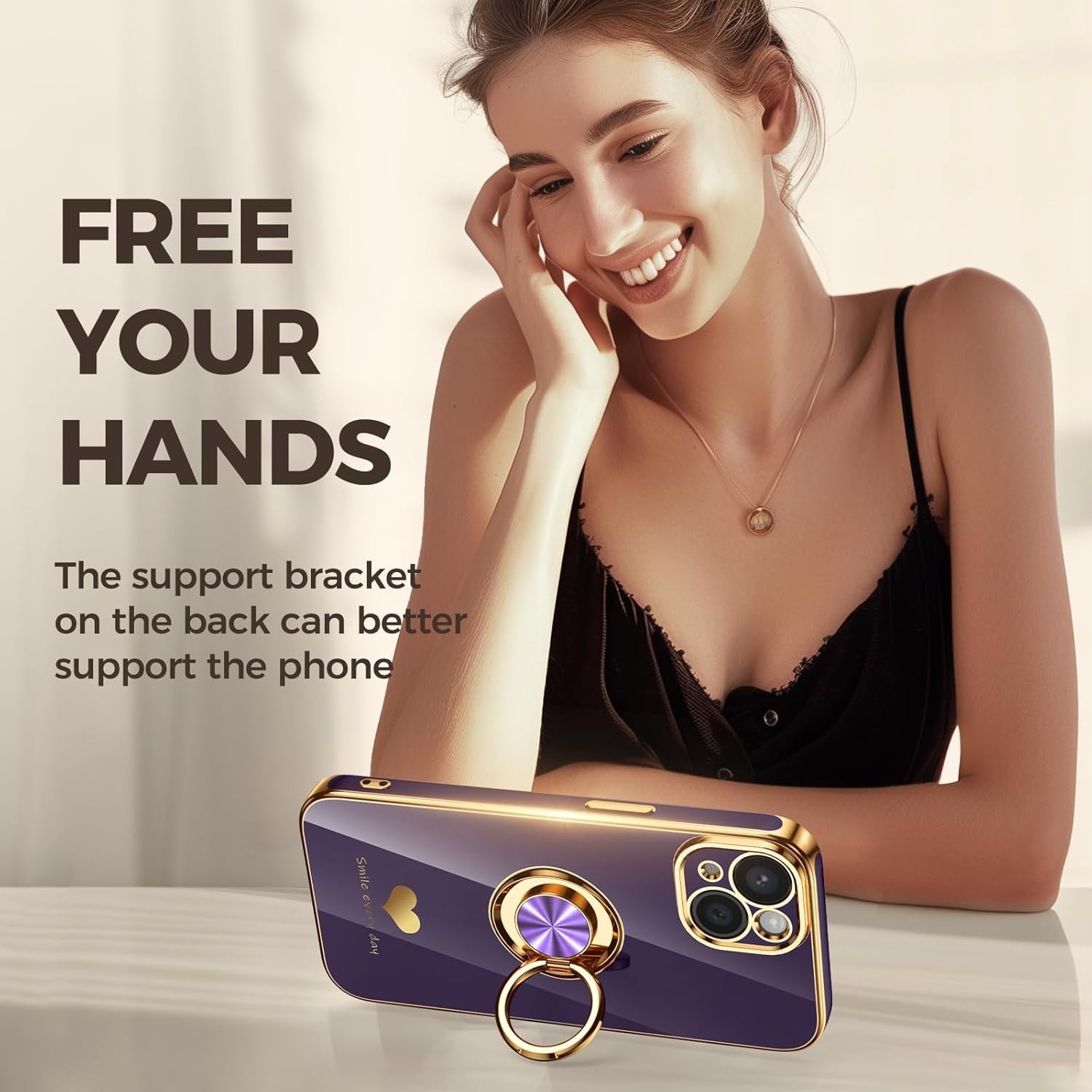 iPhone 13 Case with 2 Pack Screen Protector, 360° Rotatable Ring Holder – Purple