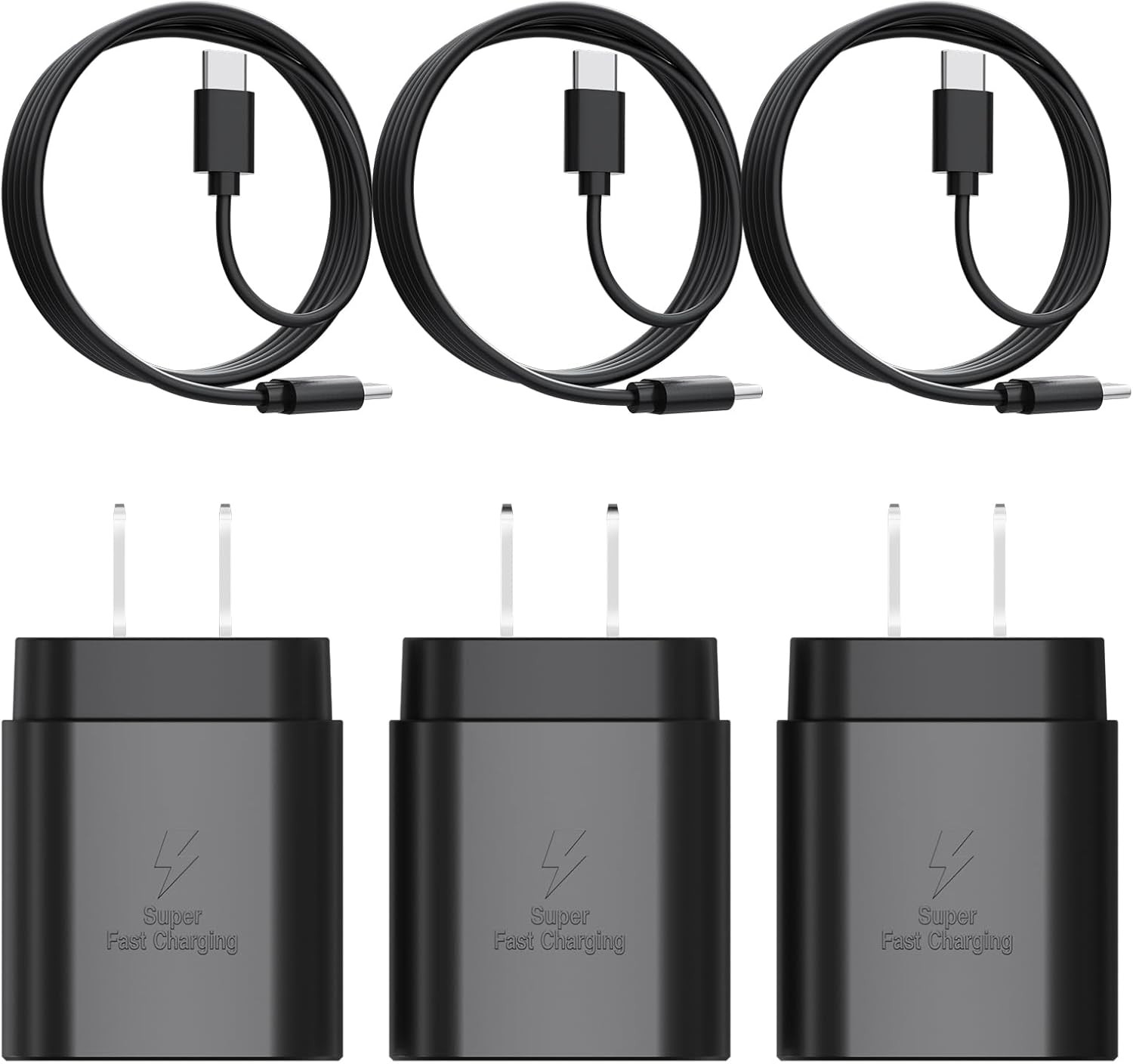 Type C Charger, 3-Pack 25W Super Fast Charging Block with USB C Cable 6FT Black