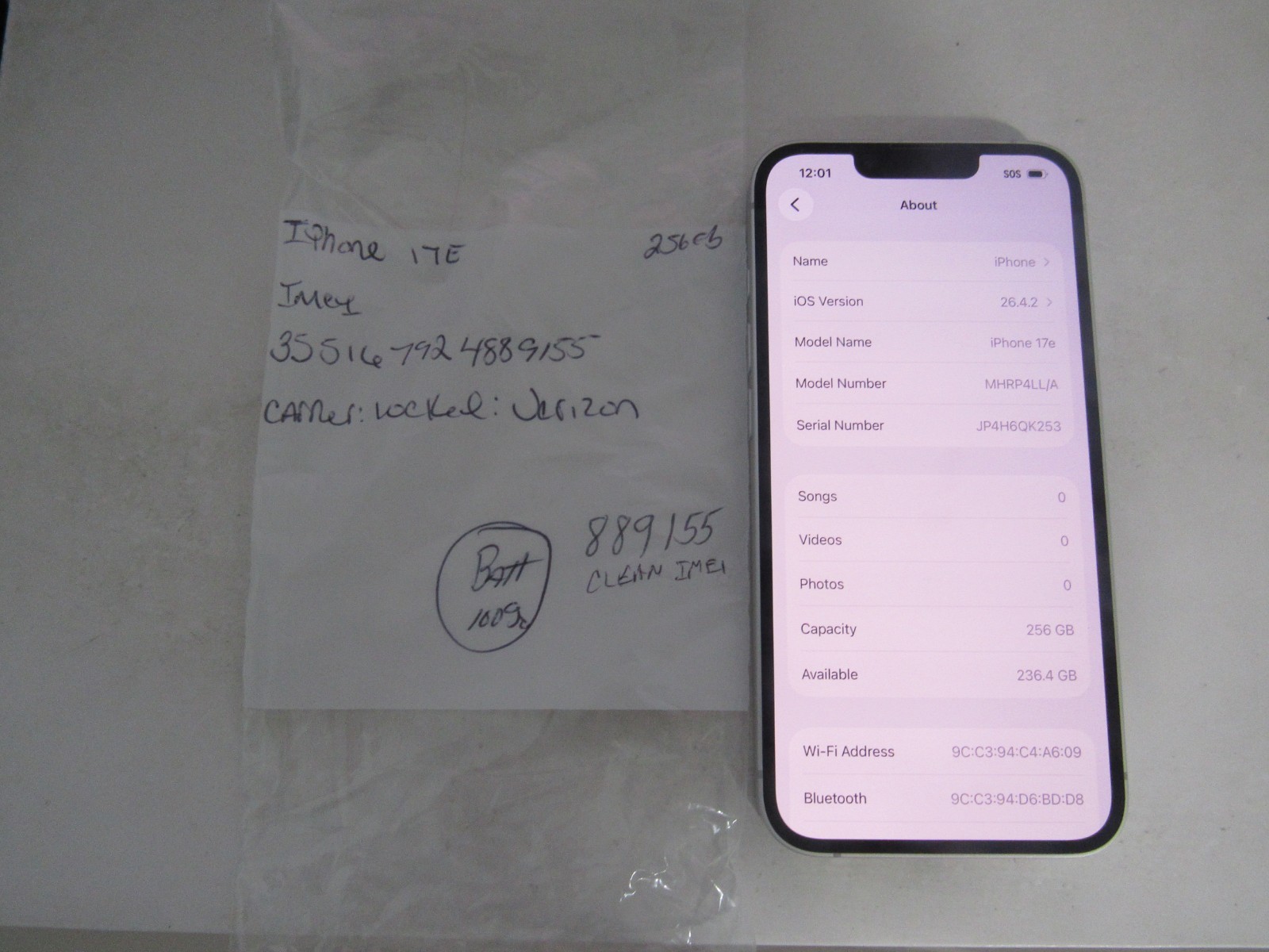 Apple Iphone 17e, 256gb, White – Verizon Clean IMEI, BH: 100%, EXCELLENT