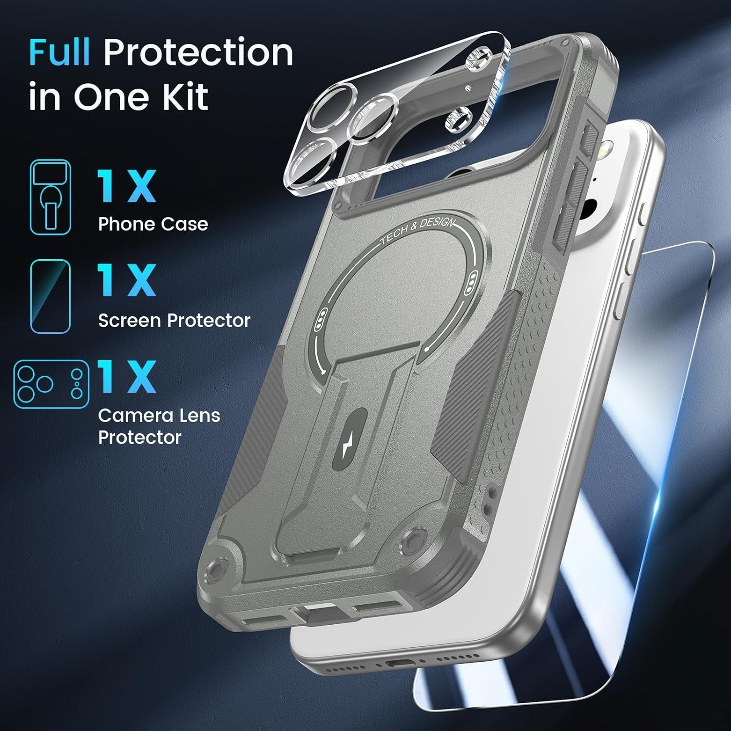 3 in 1 for iPhone 17 Pro Max Case, Invisible Kickstand, HD Screen Protector, Cam