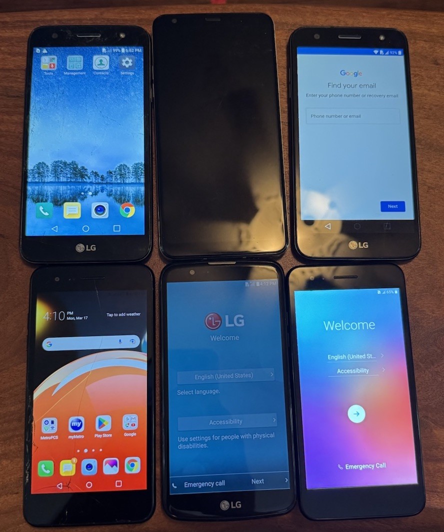 TWO Work Lot of 6 LG X Charge Stylo 5 Aristo 2 LM-X210 Smartphone Broken Fast