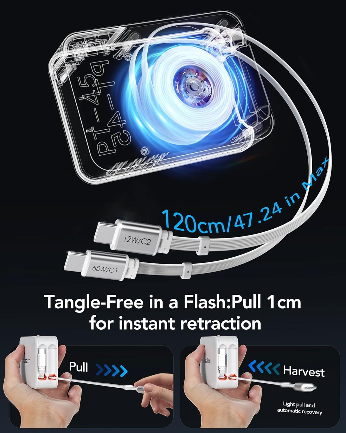 65W MacBook Pro Charger, 5-in-1 Retractable Wall Plug for iPhone 17, Fast Chargi