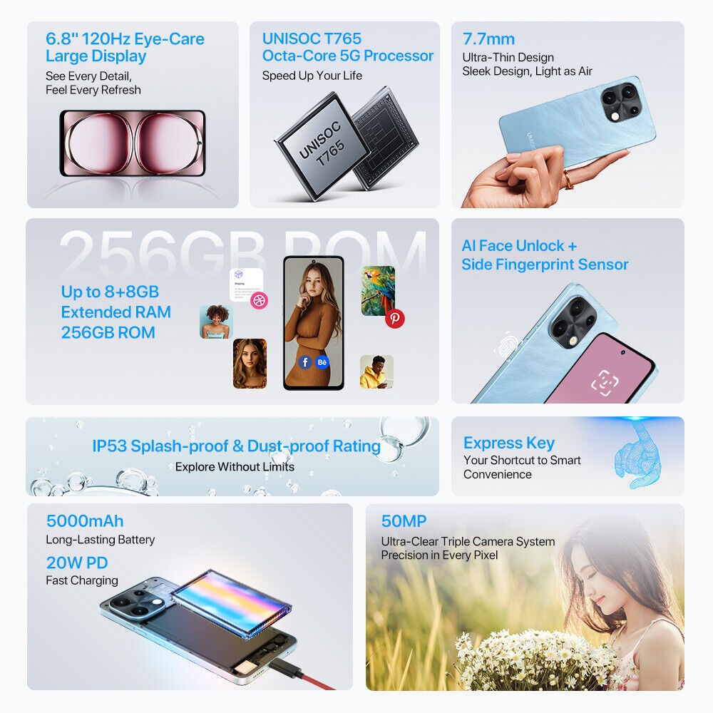 UMIDIGI Note 100 5G 6.8” 128GB 256GB Dual SIM 120Hz Android Unlocked Smartphone