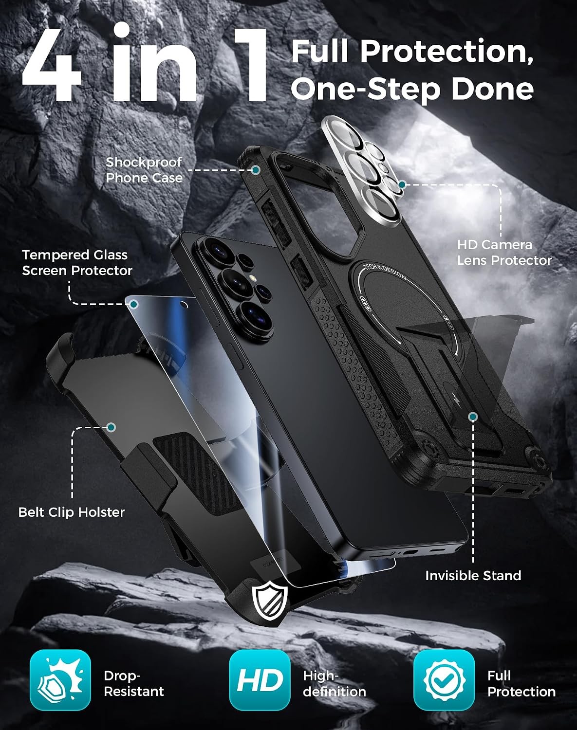 4-in-1 Samsung Galaxy S26 Ultra Case with Belt Clip Holster, Screen & Lens Prote