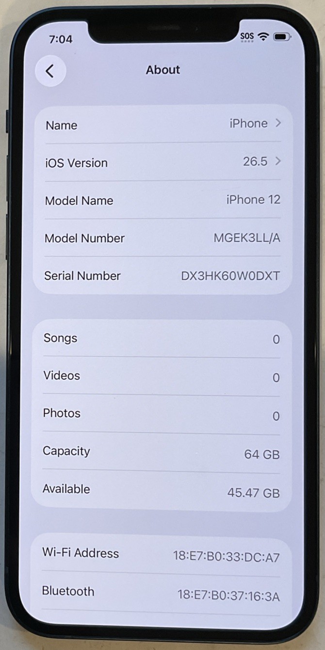 USED BLUE GSM UNLOCKED iPhone 12, 64GB A2172 MGEK3LL/A WITH 93% BATTERY HEALTH.